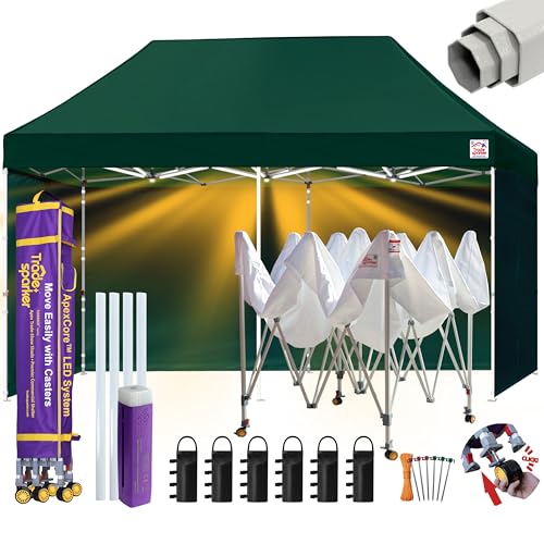 Image of Tradesparker 10x20 Pop Up Tent with Sidewalls,Commercial Movable Canopy ApexCore LED & Rugged Casters-Instant Easy Setup Shelter Canopies,Weight Bags&Stakes for Outdoor Events(Forest Green)