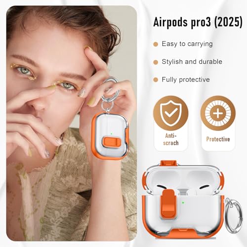 Image of Compatible Airpods Pro 3 Case (2025) with Phone Stand & Cleaner Kit,Print Soft Silicone Lock Clip Apple AirPods Pro 3rd Generation Case, Airpod Pro 3 Cover with Keychain for Women /Girls,Orange