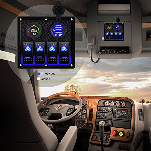 DCFlat 5 Pin 3 Gang / 4 Gang / 6 Gang Car Marine Boat Circuit RV LED Toggle Rocker Switch Panel Breaker Voltmeter with Fuse Double USB for RV Car Boat Blue/Red/Green Light (4 Gang New) - Thumbnail 2