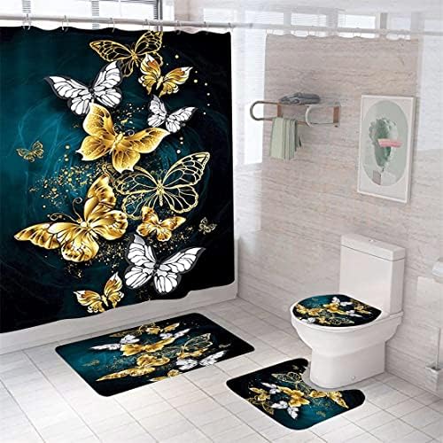 Springgrace 4 Pcs Flower Butterfly Shower Curtain Set with Non-Slip Rug, Toilet Lid Cover and Bath Mat, Floral Shower Curtain with 12 Hooks, Waterproof Fabric Shower Curtains for Bathroom Decor