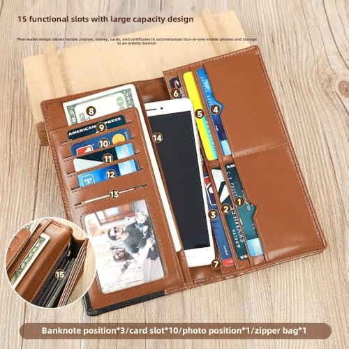 Genuine Leather Men's Long Handbag RFID Function Credit Card Holder Card Bag Leather Currency Multifunctional Wallet,Black3
