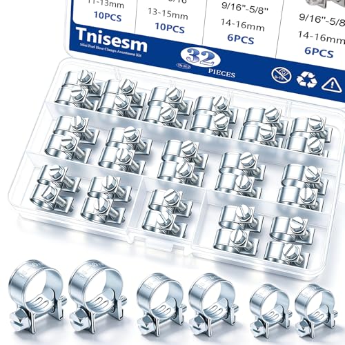 Tnisesm 32Pcs 1/4' 5/16' 3/8' Fuel Injection Gas Line Hose Clamps Clip Pipe Clamp Assortment Kit, Hoses Clamps Sleeving,for Automotive Diesel Petrol Pipe