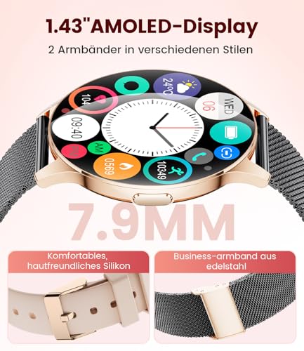 ESFOE Damen Smartwatch Ultradünn,1.43" AMOLED Smart Watch mit Bluetooth Anrufe,Uhr Damen Herren mit 120 Sportmodi Pulsuhr Schlafmonitor… – Ansicht 2