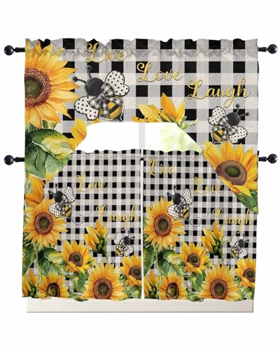 Kitchen Curtains Tiers and Swag Valances Set, Sunflower Summer Black