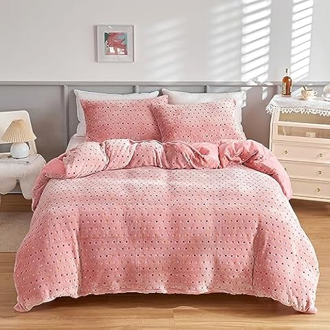 Vicimi Glow in The Dark Full Duvet Covers Fluffy Flannel Bedding Sets for Girls and Boys with 1 Pink Comforter Cover 79x89 inches and 2 Pillowcases with Luminous Colorful Dots Cover