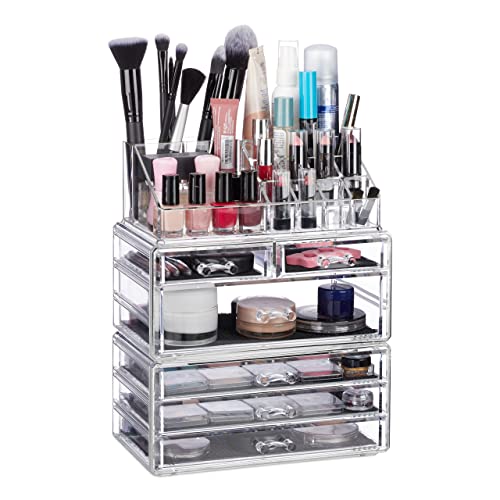 Relaxdays Kosmetikorganizer mit 6 Schubladen, 22 Fächer Make up Organizer, großer Kosmetiktower aus Acryl, transparent Standard
