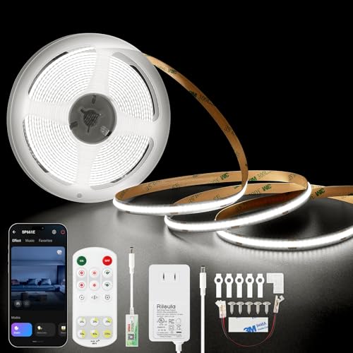 Image of COB LED Strip Lights 6000K Cold White DC24V with UL Listed Adapter | 16.4ft CRI90+ Dimmable Flexible LED Tape Light with Music Sync App RF Remote Control for Living Room Ceiling Cabinet Lighting