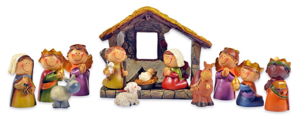 Riffelmacher Kinder Krippenfiguren Set mit Stall 12-TLG. 78356-2,5-9cm - Polyresin Weihnachtskrippe Jesus Geburt Weihnachtswunder Heiligabend Weihnachten Dekoration