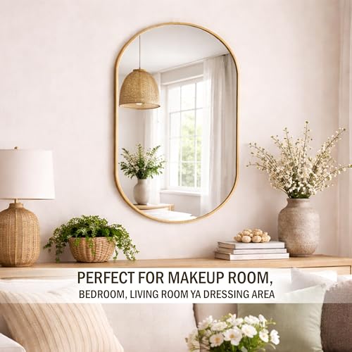 Image of Rousrie Premium Glass Wall Mirror with Golden Border, Capsule Shape, 45 x 30 cm, for Bathroom, Living Room, Washbasin