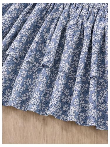 Image of RoseSeek Girl's 2 Piece Outfits Lace Ruched Camisole Tops and Shirred High Waisted Layered Floral Skirts Set