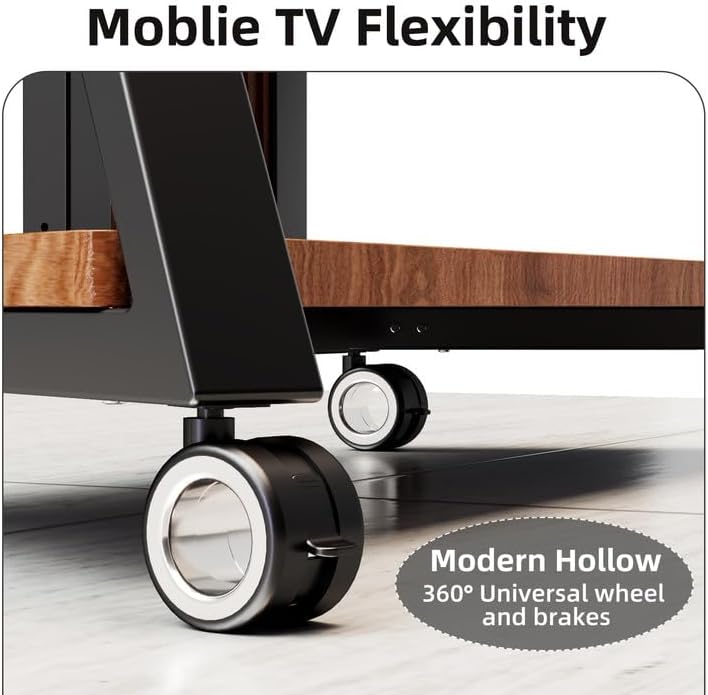 Close-up of the BEISHI TV stand's universal caster wheels with locking mechanism.