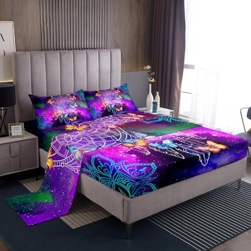 Erosebridal Dreamcatcher Butterfly Sheet Set for Boys Girls Mandala Floral Print Sheets Full, Purple Galaxy Theme Bed Sheets Set Watercolor Bohemian Style Top Fitted Sheet with 2 Pillowcases