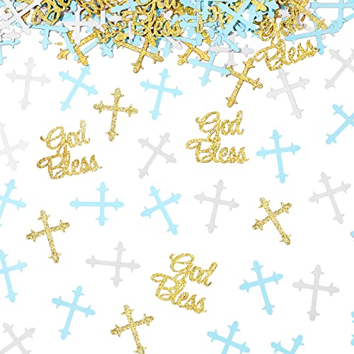 Marspark God Bless Cross Confetti God Bless Table Confetti Decorations Baptism Glitter Cross Confetti Christening Cross Table Confetti for Baby Shower Baptism Birthday Party(Blue, Gold, White)