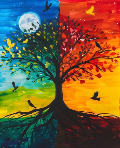 数字油絵 生命の木 数字キットによる絵画 月 Paint by Numbers DIYペイント 大人の 初心者 子供用 簡単に塗れる アクリル水彩絵の具 手芸 画材 手工芸 キット 3つのペイントブラシと1つのセットのアクリル顔料を使用 ホーム オフィス装