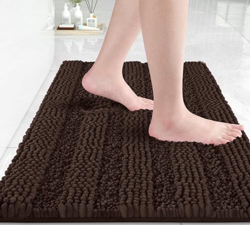 Yimobra Bathroom Rug Mat 24 x 17, Non Slip and Super Absorbent Bath Mat,Machine Washable Quick Dry,Ultra Plush Chenille Shower Rugs for Bathroom Floor Sink Tub and Shower Outside,Brown
