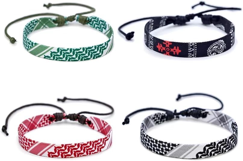 GenericPalestinian Keffiyeh Bracelet - Free Palestine Woven Fabric Bracelet for Women Men Country Proud Adjustable Braided Wristband Handmade Woven String BraceletsSet of 4