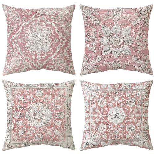 Boho Cushion Covers Pink 45x45cm Set of 4, Soft Velvet Bohemian Decorative Decor Square Throw Pillow Covers, Vintage Exotic Kilim Patterned Floral Pillowcases for Home Sofa Couch Bedroom Outdoor