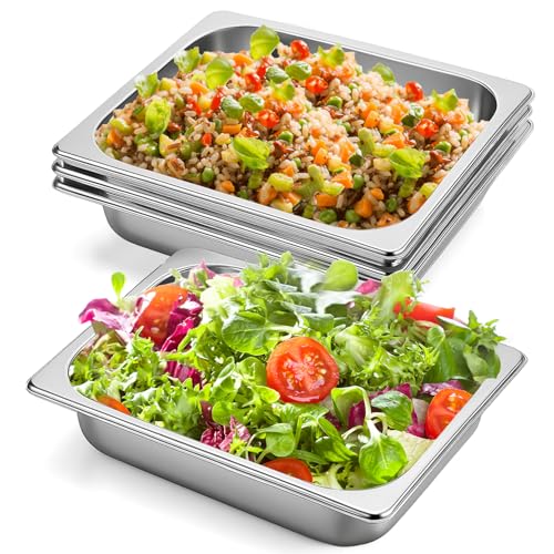 Yihurlm 4 Pack Hotel Pans, 1/2 Size 2.5 Inch Deep Stainless Steel Steam Table Pan, Half Size Catering Food Pans, Catering Food Storage Metal Pan for Home Party Hotel Buffet Restaurant