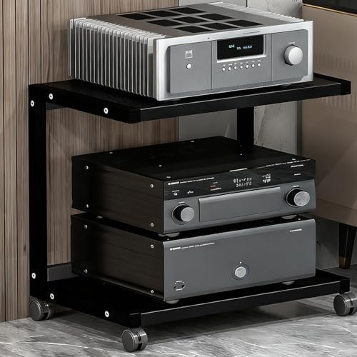 Mobile AV Media Stand on Wheels, 4-Tier Open Storage Rack, HiFi Stereo & Audio Organizer, Space-Saving Metal Design, Easy Assembly, Black, Ideal for Home Theater & Entertainment