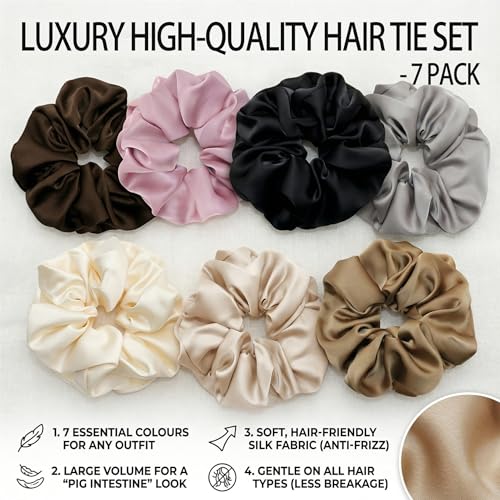 7PCS Premium Big Satin Hair Scrunchies for Women, 5 Inch Large Soft Scrunchies Hair Ties for Thick Hair, Elastic Ponytail Holders Hair Accessories for Women, Neutral — view 3