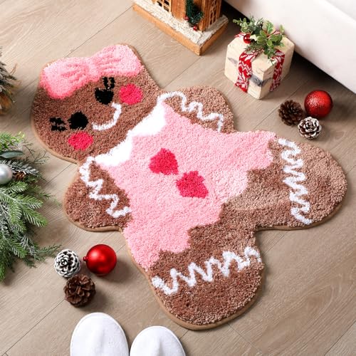 Tinideya Pink Gingerbread Men Bath Mat Christmas Bath Rug Cute...