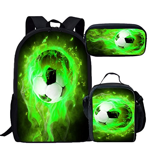 Zaino scuola stampa calcio verde+borsa pranzo isolata+piccolo astuccio Palla+l Taglia unica Zaini Daypack