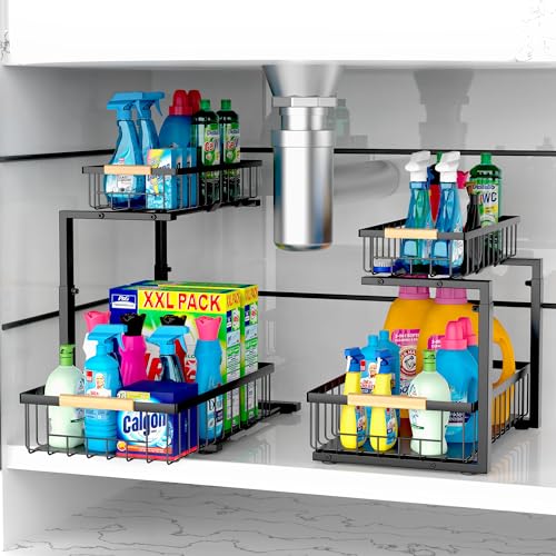 VENHOOUSE 2 Pack Under Kitchen Sink Organizer, 2 Tier Pull Out Cabinet Organizer, Metal Under Sink Organizer, Sliding Drawer Organizer for Kitchen Bathroom Pantry Cabinet Closet