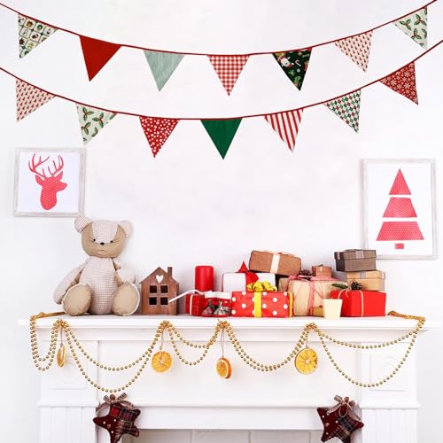 Image of Zwiebeco 32Ft Christmas Pennant Fabric Triangle Flags Garland Red Green White Cotton Bunting Banner for Merry Xmas Party Birthday Wedding New Year Fireplace Home Garden Outdoor Decorations