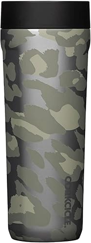 Corkcicle Commuter Cup - Taza de café de viaje de acero inoxidable aislada de 17 onzas con tapa para sorber para bebidas frías y calientes, leopardo
