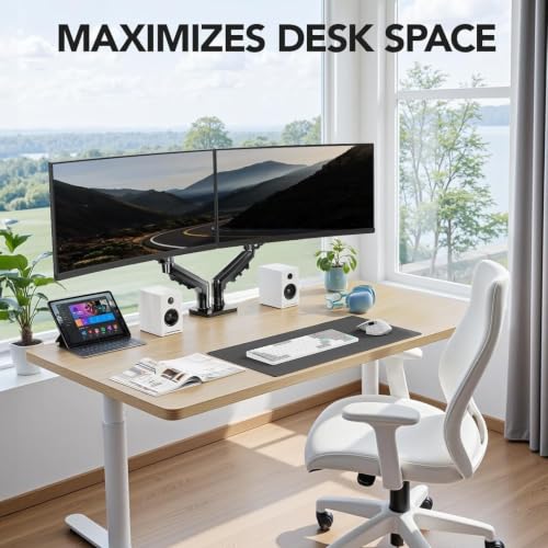 Image of STAR WORK Dual Monitor Mount for 13-32 inch Inch Screens, Adjustable Gas Spring Monitors Arm Desk Stand with C-Clamp & Grommet Base, Motion 360 Swivel & Tilt, Supports 19.8 lbs (Dual Black Monitor Arm)