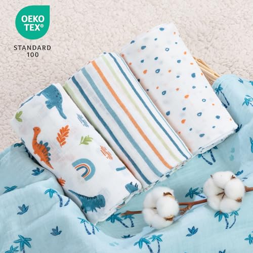 Image of david's kids 4 Pack Baby Muslin Swaddle Blankets, 100% Cotton and Ultra Soft Breathable Receiving Blanket Wrap for Boys Girls, New Born Essentials, Large 47 x 47 inches, Dinosaur Blue