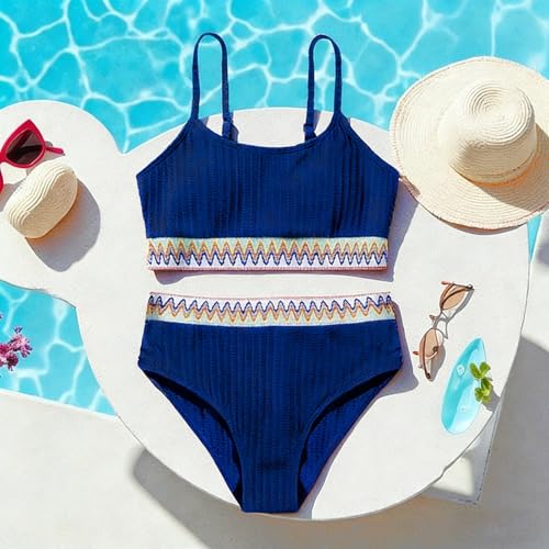 Image of Girls Swimsuit Two Piece Teen Bathing Suit High Waist Textured Bikini Set Woven Girls Swimwear 9-16Y
