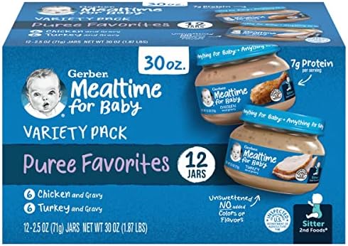 Gerber Stage 2 Baby Food, Chicken & Turkey Variety Pack Jars, Mealtime Poultry Puree, Baby Food Puree,12-Pack