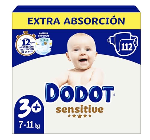 Dodot sensitive pañales talla 3+,extra absorción,7 a 11 kg,caja 112 unidades +regalo 46 toallitas Dodot Pure Aloe Vera