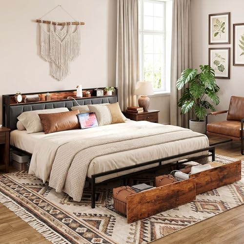 Image of LIKIMIO California King Size Bed Frame with 2 Drawers and Charging Station | Platform Bed with Upholstered Storage Headboard, No Box Spring Needed, Easy Assembly, Sturdy, Industrial Brown and Gray