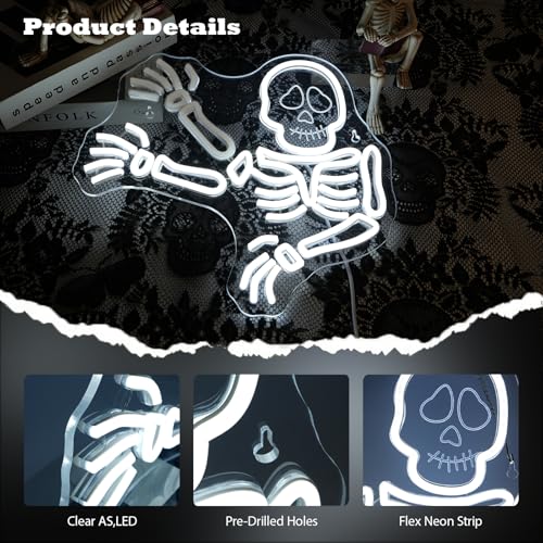 Image of JURONG Waving Skeleton Skull Neon Signs for Wall Decor, Halloween Ghost Neon Light Up Signs, USB Powered, Dimmable LED Sign for Halloween Party Bedroom, Man Game Room, Kid's Room, Bar, Club, Shops Decor