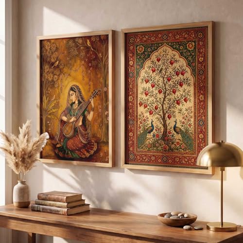 Image of kotart Madhubani Art Wall Painting Traditional Home Decoration With Frame For Living Room Bed Room Hotel Wall Decor Digital Reprint Set of 2 (10X13 INCH)