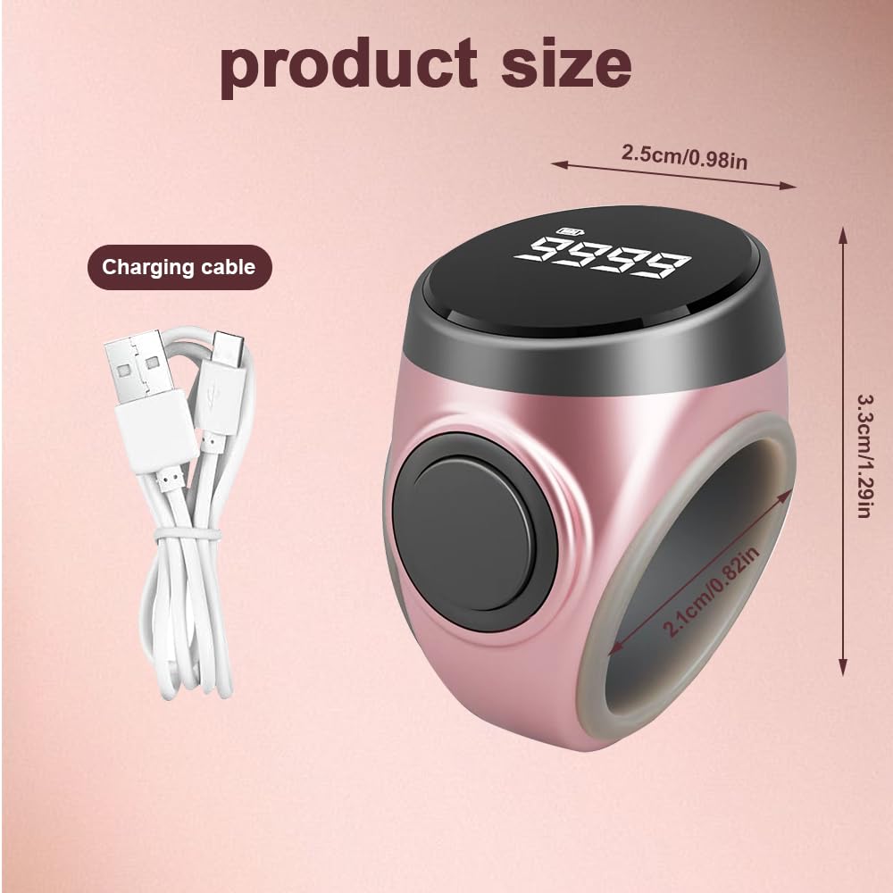 Anneau Numérique Musulman écran OLED, légère Smart Tasbih Zikr Ring Réveil, Tasbih Prière Compteur Numérique Adjustable 18-22mm, Electronic Rosary, Eid al-Fitr Eid al-Adha Ramadan Gift, Rose