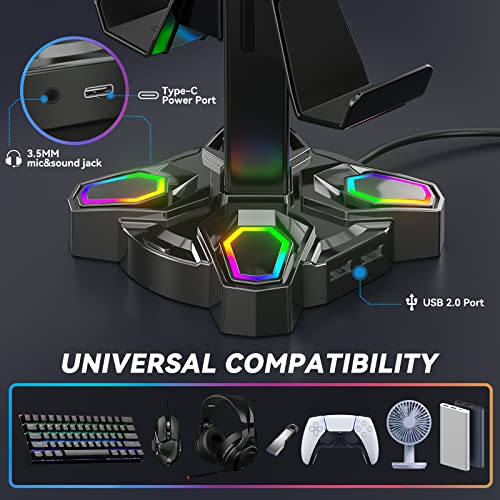Kdd Gaming Rgb Headphones Stand, Rotatable Headset Stand With 9 Light Modes - Controller Holder With 2 Usb Charging Ports And 3.5Mm & Type-C Port - Earphone Hanger Accessories For Desktop Gamer(Black) #TOP2