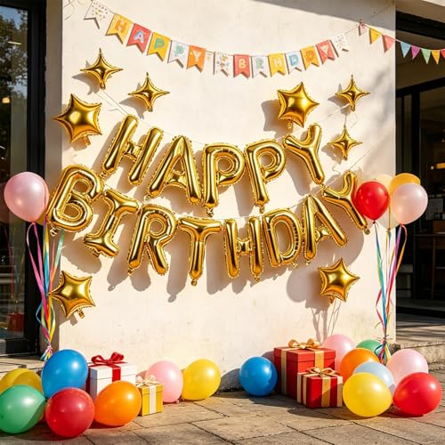 Image of Gold Happy Birthday Balloons Banner 16 Inch Mylar Foil Letters, 10 Inch Five & Four Star, Inflatable Party Decor and Birthday Decorations for Women, Men, Boys & Girls Kids and Adults, Party Supplies