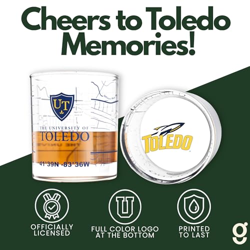 Image of Greenline Goods University of Toledo Rockets Whiskey Glasses Set of 2, 10 oz Rocks Glasses with Full-Color Logo & Campus Map - Officially Licensed Bourbon Glass Gift for Alumni & Fans