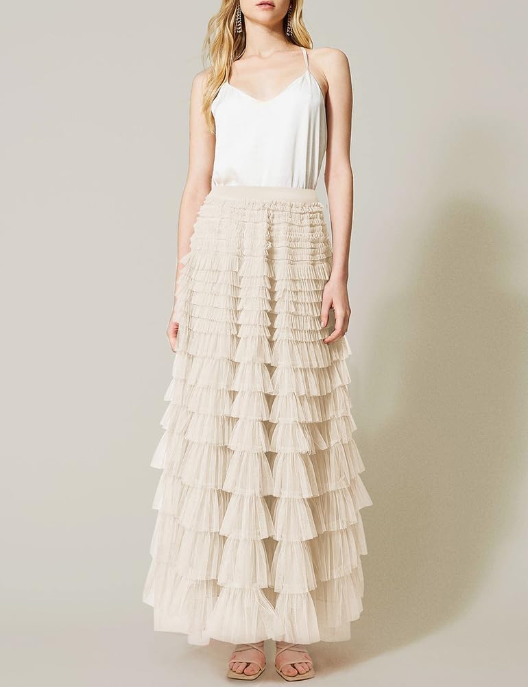 Long Tulle Skirt for Women Trendy High Waisted A Line Fluffy Fairy Mesh Layered Ruffle Skirt - Image 3