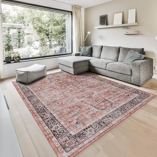 GLN Rugs Traditional - Babylon - Machine Washable Area Rug, Vintage Washable, Non Slip, Low Pile Area Rug, Living Room, Bedroom, Kitchen Rug - Easy Clean (6' x 9' Terra/Multicolor)
