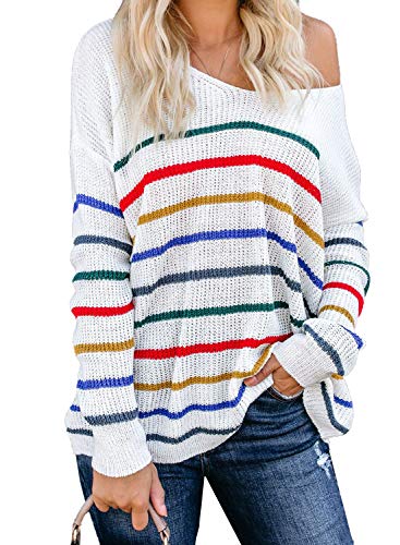 Dokotoo Womens 2023 Cute Summer Fall Color Block Striped Lightweight Comfy Cable Knit Beach Pullover Sweaters