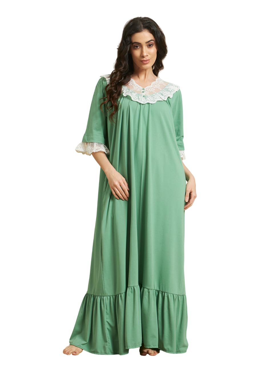 sephani Green Cotton Nighty for Women | Long Stripe Pattern Nightdress with Front Zipper | Maternity Feeding Nightgown for Pregnancy & Postpartum | Soft Comfortable Nursing Sleepwear-picture-10