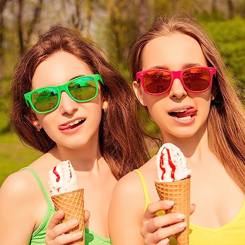 12/24 Pack Wholesale Colorful Mirror Reflective Sunglasses Bulk, Neon 80s 90s Sunglasses Party Favors Unisex2