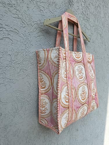 Image of Quilted Cotton Handprinted Reversible Large multicolor Floral Tote Bag,Hand Block Print Shopping Shoulder Carry Bag
