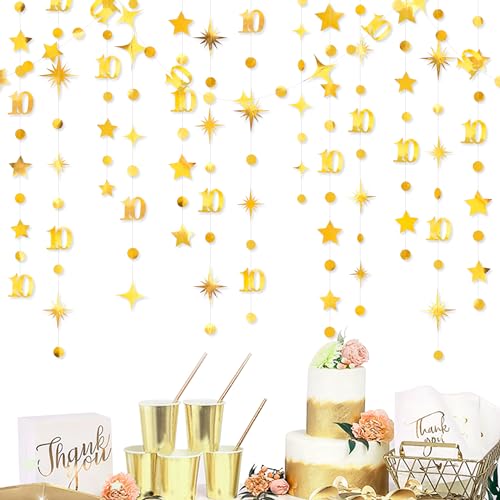 Image of Gold 10th Birthday Decorations Number 10 Circle Dot Twinkle Star Garland Metallic Hanging Streamer Banner Backdrop for Girls Boys Double Digits Ten Year Old Birthday 10th Anniversary Party Supplies