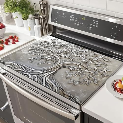 HOMETITUTE Stove Top Cover for Electric Tree of Life Stove Decorative Floral Embossed Dish Drying Mat Coffee Mat 28x20 Inch Kitchen Protector for Counter and Stove Surface