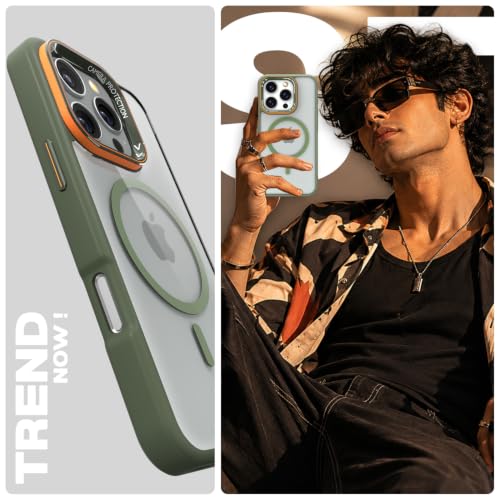 Image of Pikkme Back Cover for iPhone 16 Pro | Shockproof | Mag-Safe Compatible | Hard Transparent Back | Premium Raised Camera Protection | Bumper Case (Green Mag-Safe)